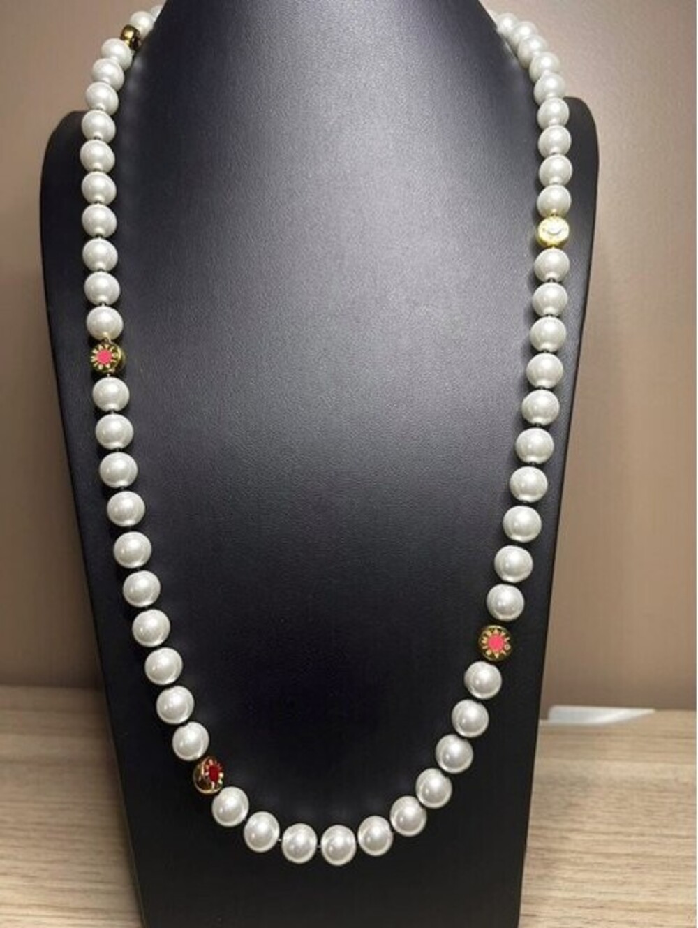B6183 BIMBA Y LOLA Faux Pearl Long Gold Tone  Logo Station Necklace 28"